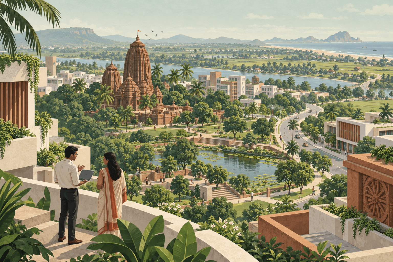 Editorial illustration of Odisha's architecture, green spaces and people connected by a winding road